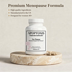 Apoptosis Menopause bottle beside a glass illustrating a daily routine and steady energy.