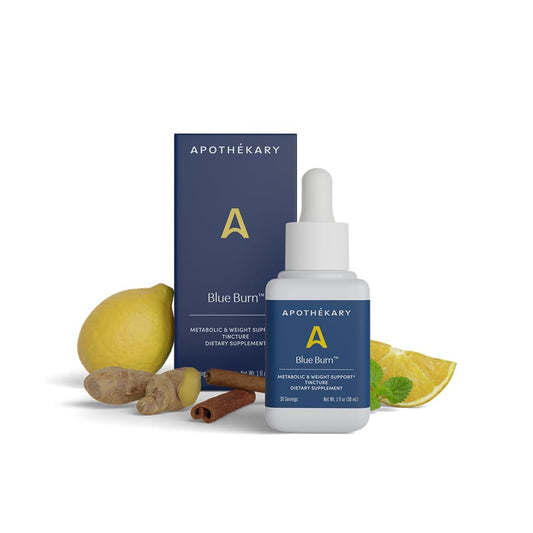 Apothekary Blue Burn bottle with citrus aroma suggesting metabolism support