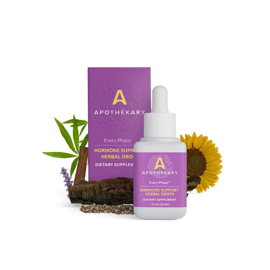 Apothékary Every Phase bottle with drops supports mood balance during hormonal changes.