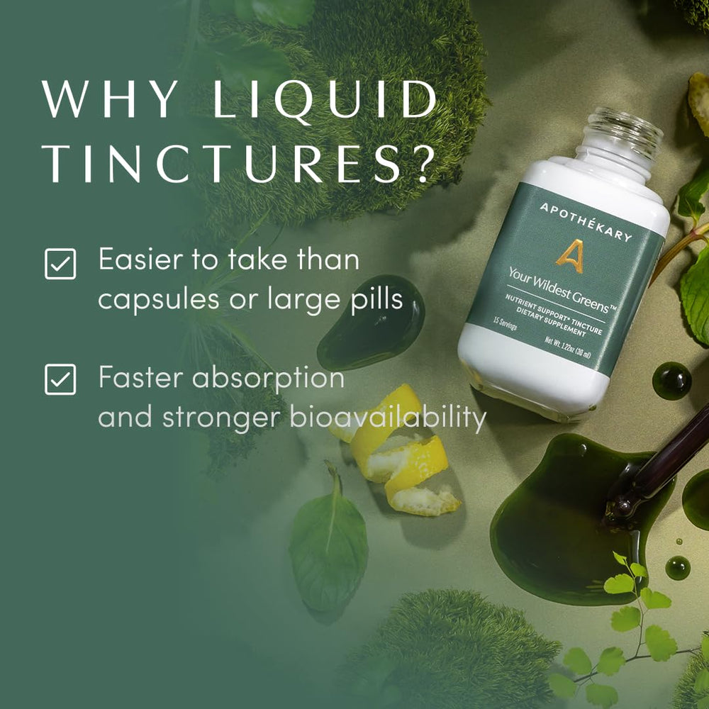 Apothekary Your Wildest Greens bottle on kitchen counter