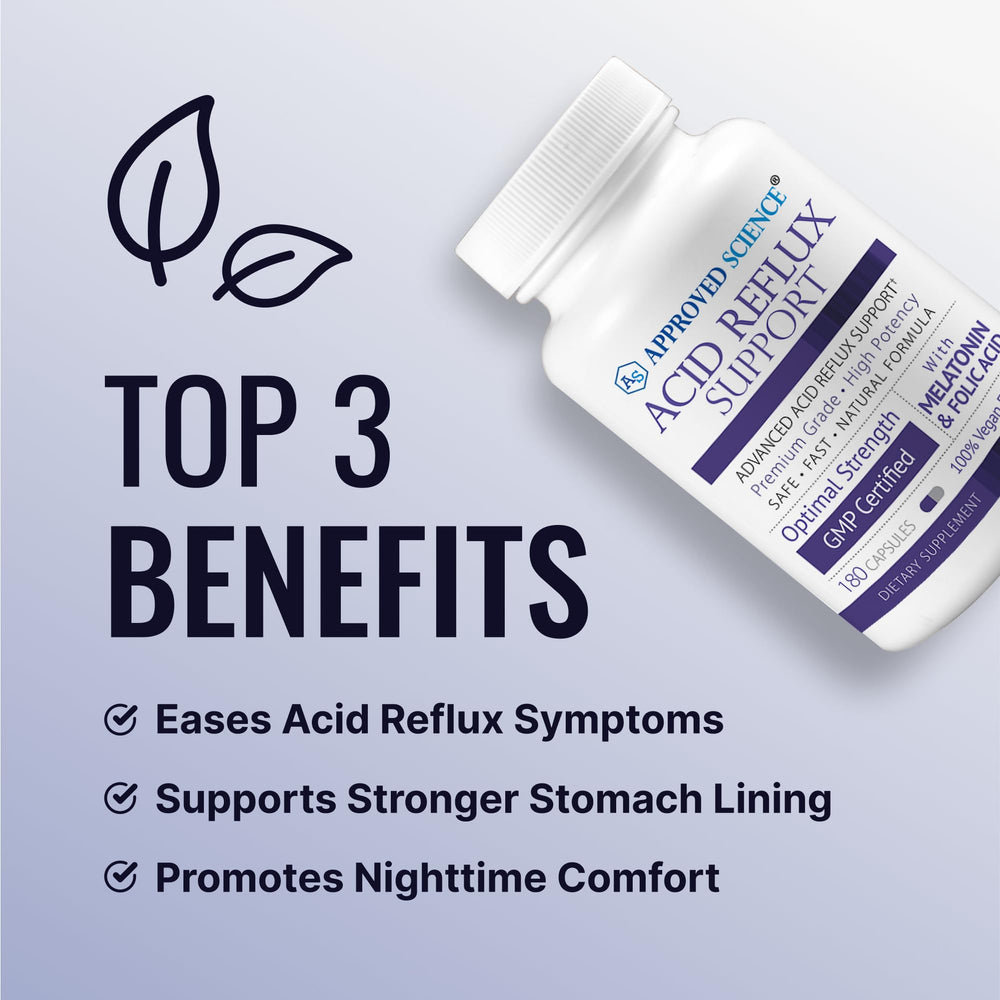 Approved Science Acid Reflux Support label close-up highlights melatonin and marshmallow root.