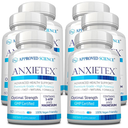 Approved Science Anxietex bottle pour showing vegan capsules for daily calm.