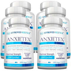 Approved Science Anxietex bottle pour showing vegan capsules for daily calm.