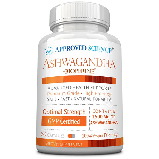 Approved Science Ashwagandha 1500mg bottle for daily mood and energy support.