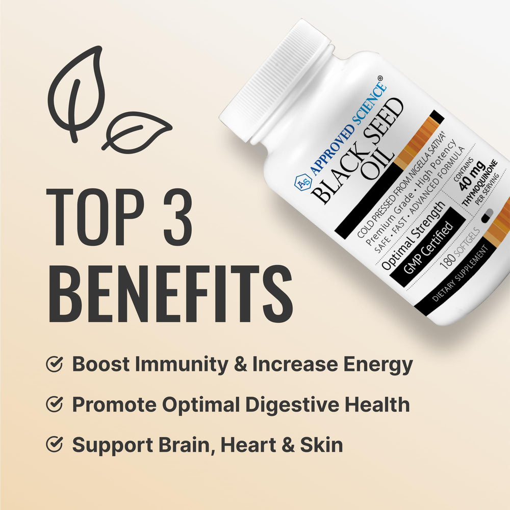 Approved Science Black Seed Oil bottle pour illustrating easy daily dosing.