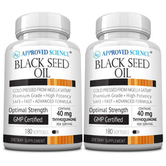 Approved Science Black Seed Oil bottle showing the 2% thymoquinone formula for immune support.