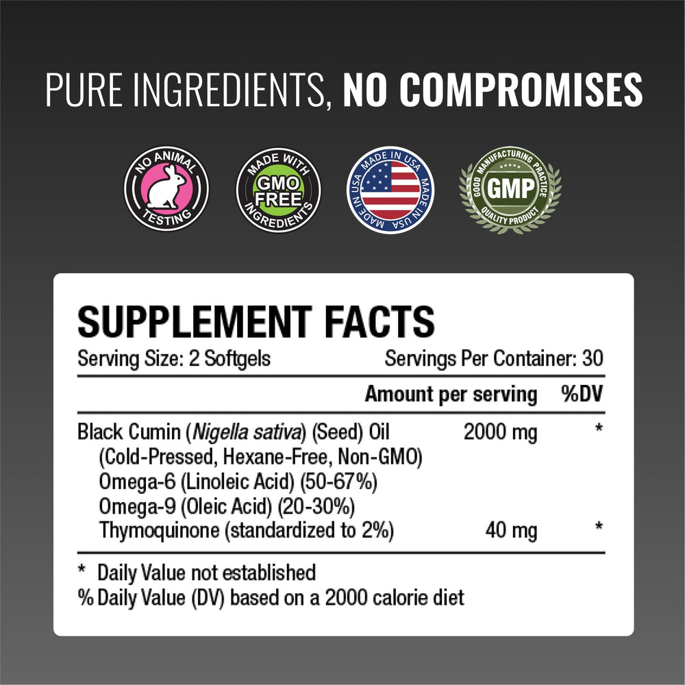Approved Science Black Seed Oil ingredients chart highlights omega and vitamin content.