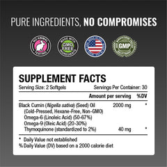 Approved Science Black Seed Oil ingredients chart highlights omega and vitamin content.