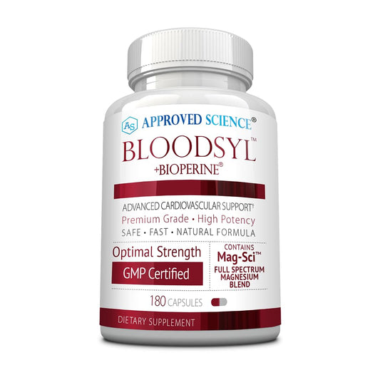 Approved Science Bloodsyl bottle label showing vegan capsules for daily wellness.