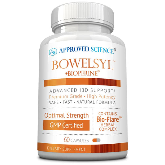 Approved Science Bowelsyl bottle front view signaling GI support and nutrient blend.