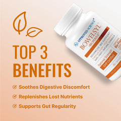 Approved Science Bowelsyl bottle top view showing capsules designed for absorption.