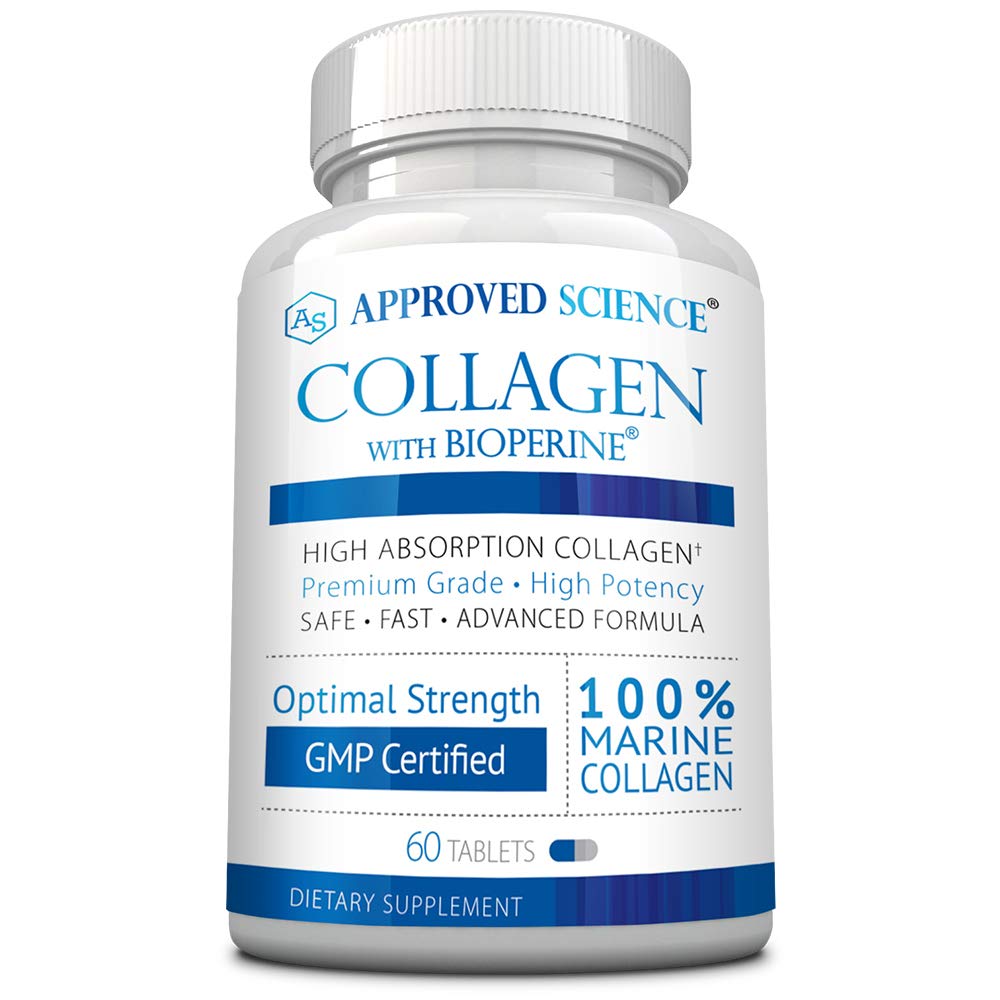 Approved Science Collagen Pills bottle on a clean surface promoting skin health.