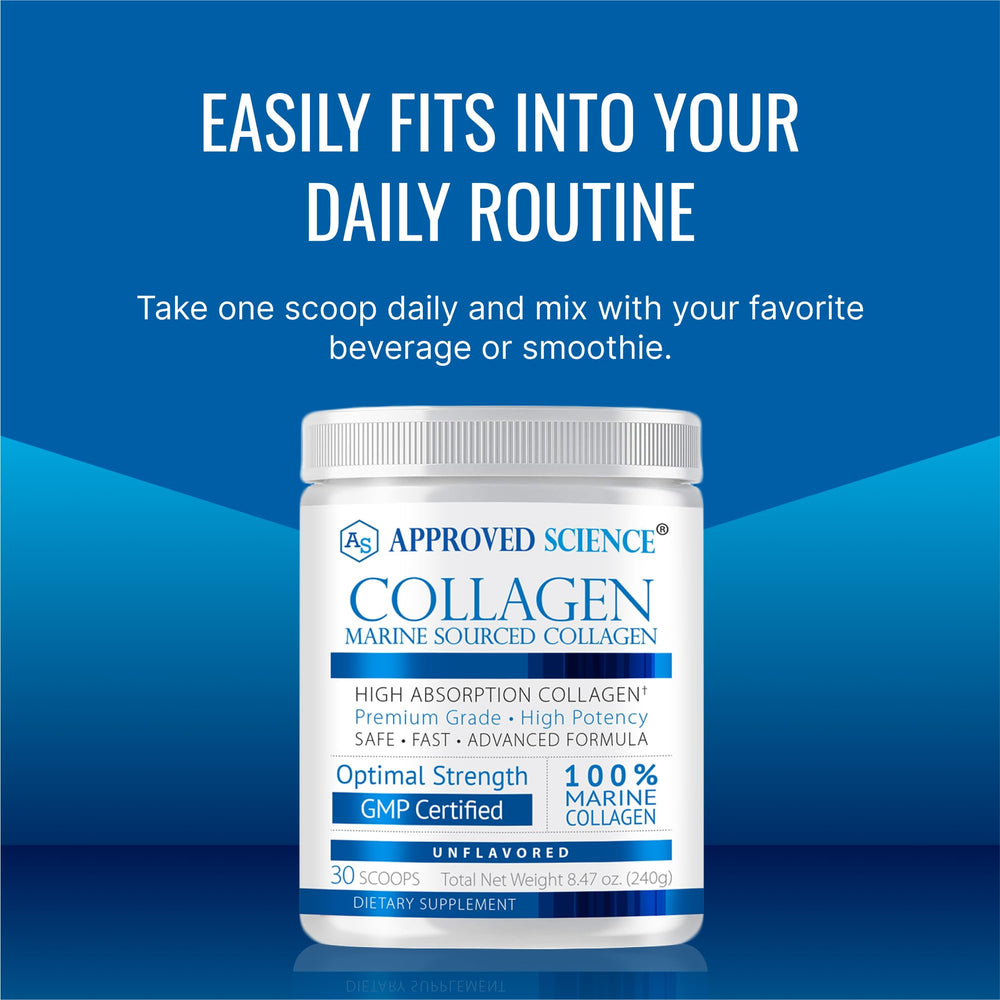 Approved Science Collagen Powder container signaling USA manufacturing
