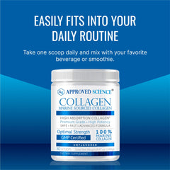 Approved Science Collagen Powder container signaling USA manufacturing
