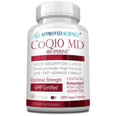 Approved Science CoQ10 MD bottle close-up showing 300mg potency for daily support.