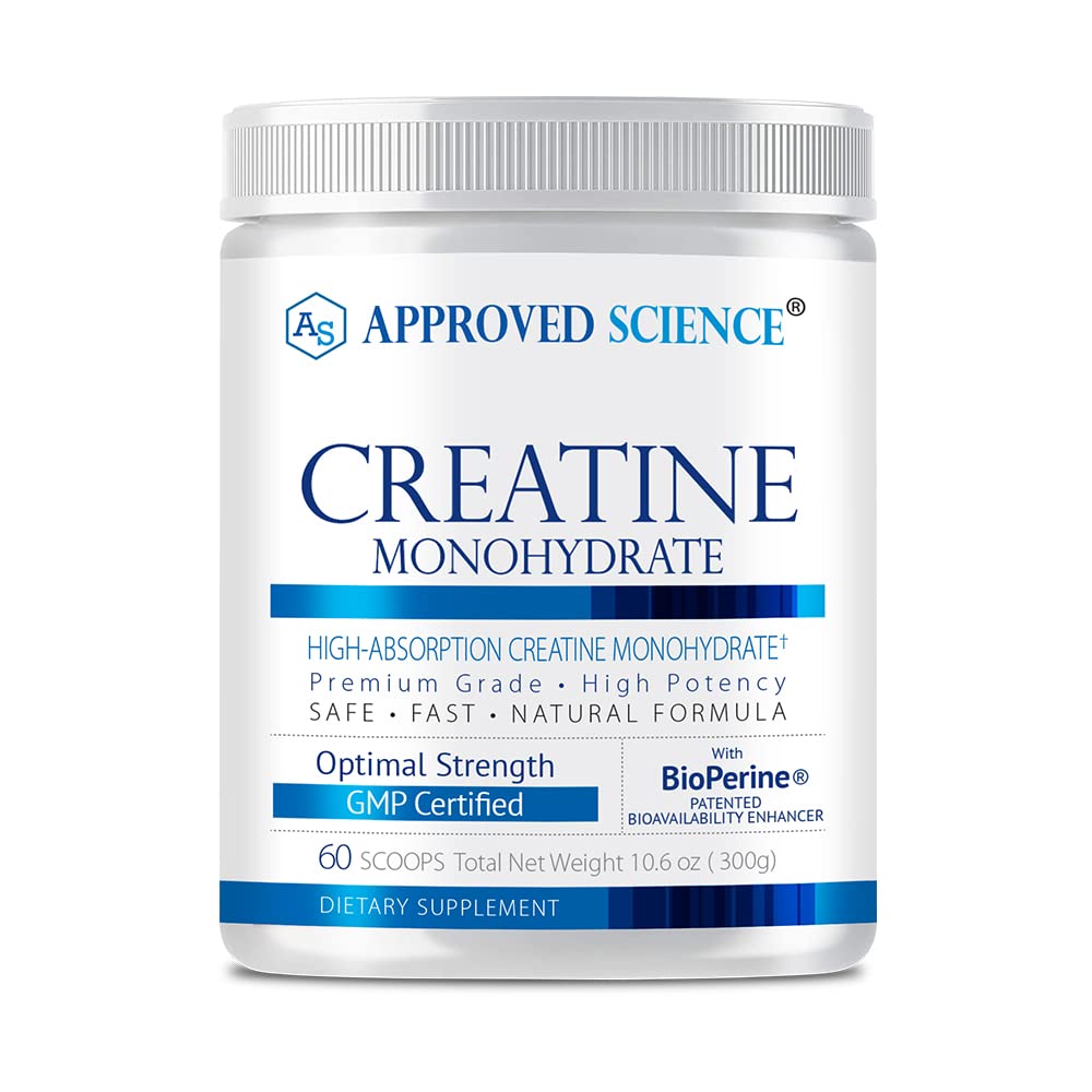 Approved Science Creatine Monohydrate powder bottle shows clean, pure formula for lean muscle support