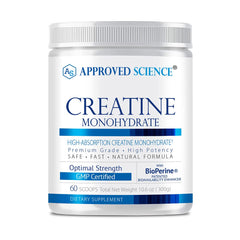 Approved Science Creatine Monohydrate powder bottle shows clean, pure formula for lean muscle support