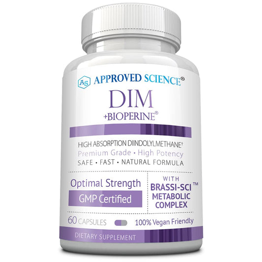 Approved Science DIM bottle highlighting 300 mg DIM for estrogen metabolism balance