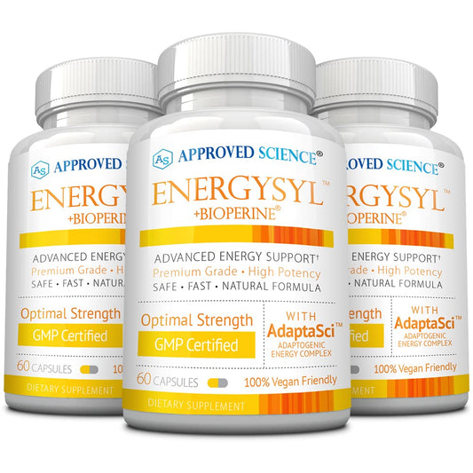 Approved Science Energysyl capsules with B vitamins for steady energy.