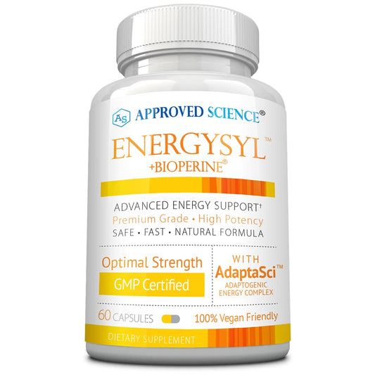 Approved Science Energysyl bottle front shows caffeine-free energy support with adaptogens