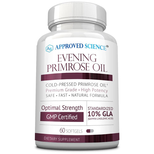 Approved Science Evening Primrose Oil bottle with 60 softgels, supporting hormonal balance.