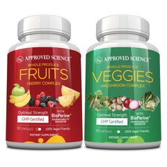 Approved Science Fruits & Veggies bottle front with capsules for daily wellness.