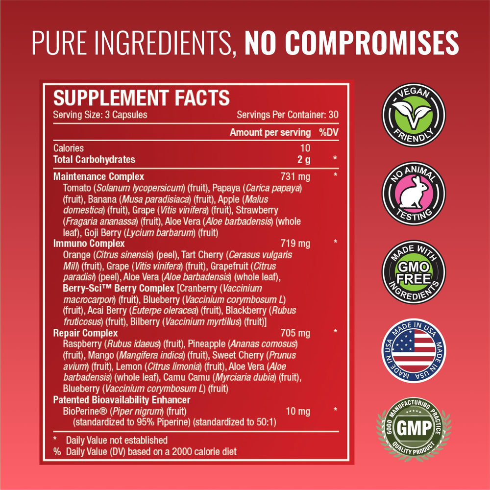 Approved Science Fruits and Veggies goji and acai imagery for antioxidant support.