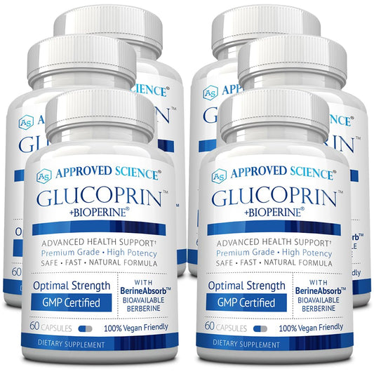 Approved Science Glucoprin bottle with berberine for convenient daily wellness.