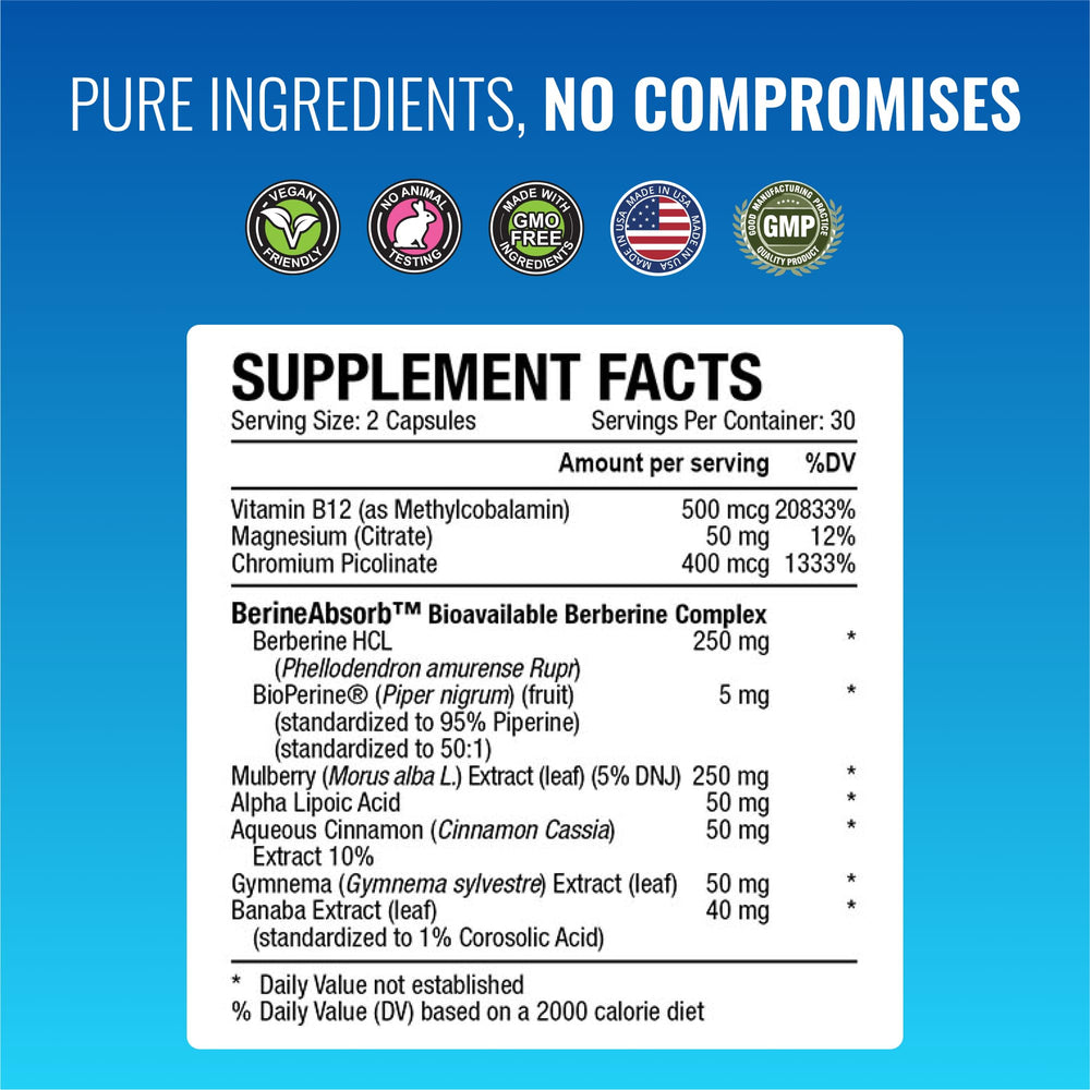 Vitamins B12, magnesium, and chromium support daily essentials.