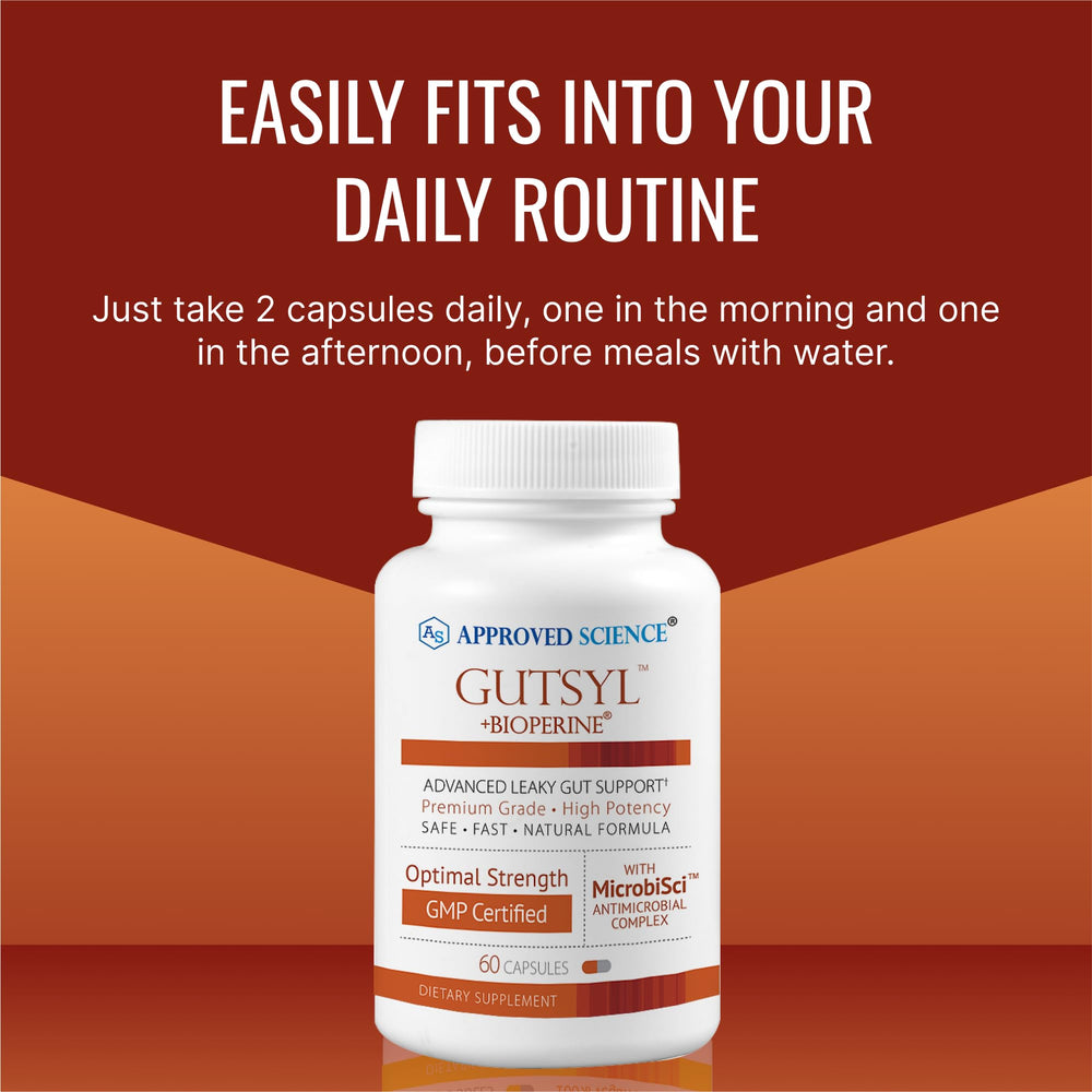 Approved Science Gutsyl bottle with aloe illustration communicates soothing daily use.