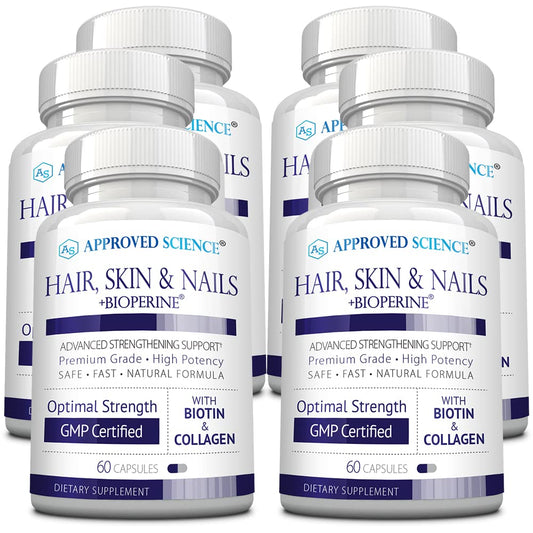 Approved Science bottle spotlight showing the hair and nails supplement for daily use