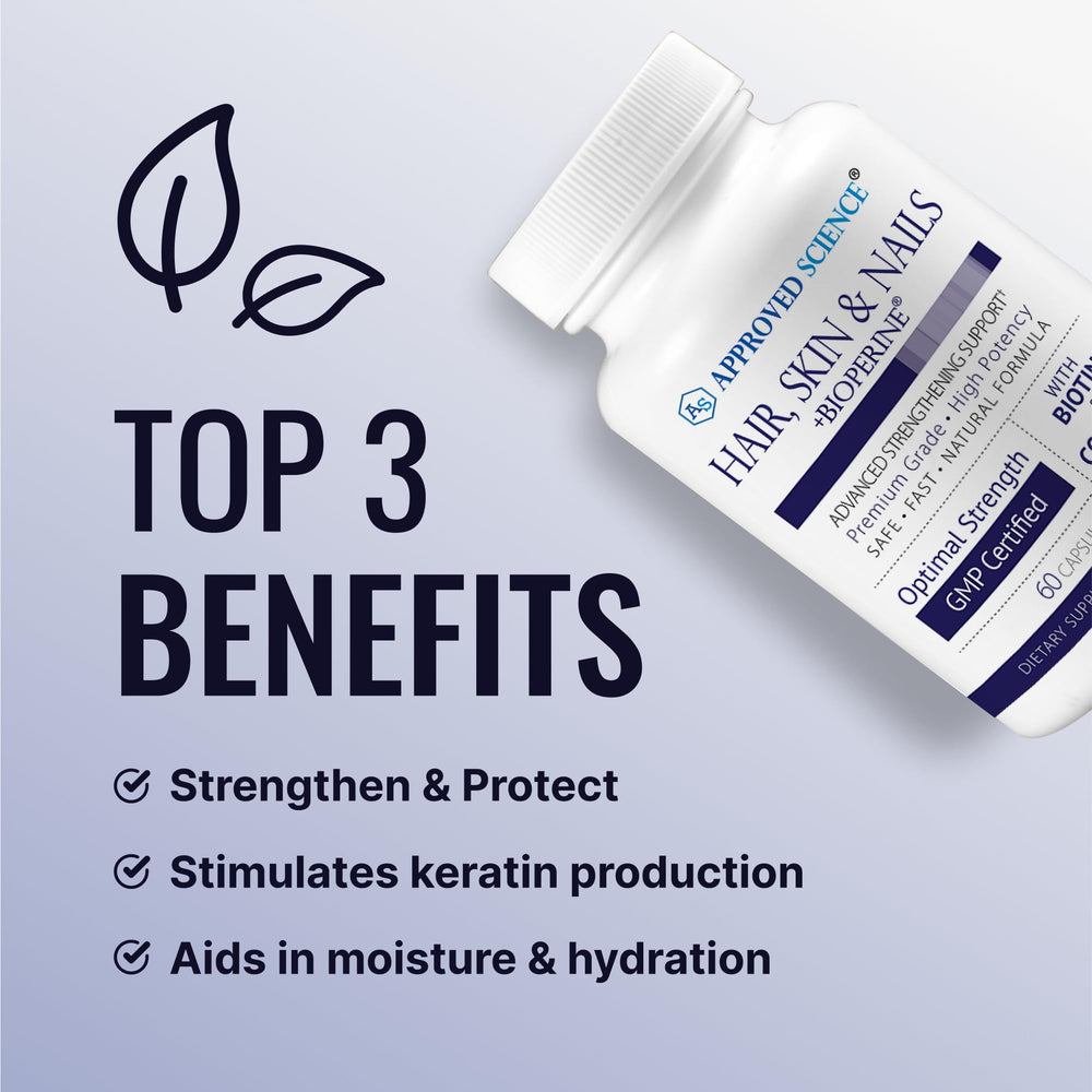 Approved Science Hair Skin Nails label close-up with key ingredients.