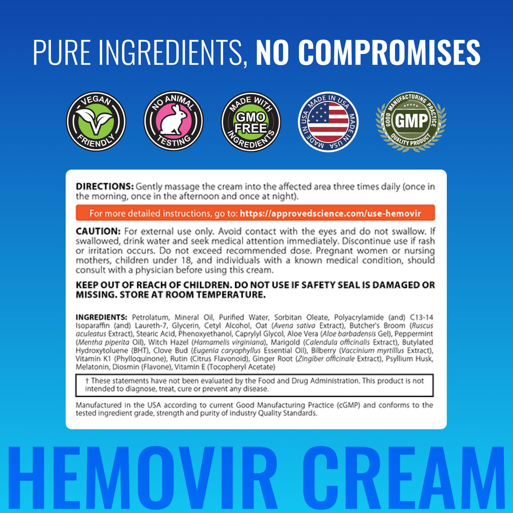 Approved Science Hemovir label highlights vegan, non-GMO formulation.