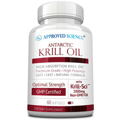 Approved Science Krill Oil bottle front view highlighting 2000mg krill oil for daily omega-3 support