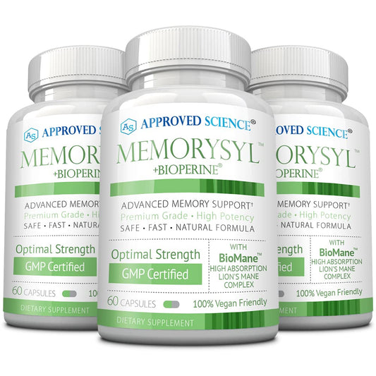 MemorySyl bottle label indicating daily cognitive support and vegan formula