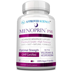 Approved Science Menoprin PM day formula bottle for convenient daytime support.