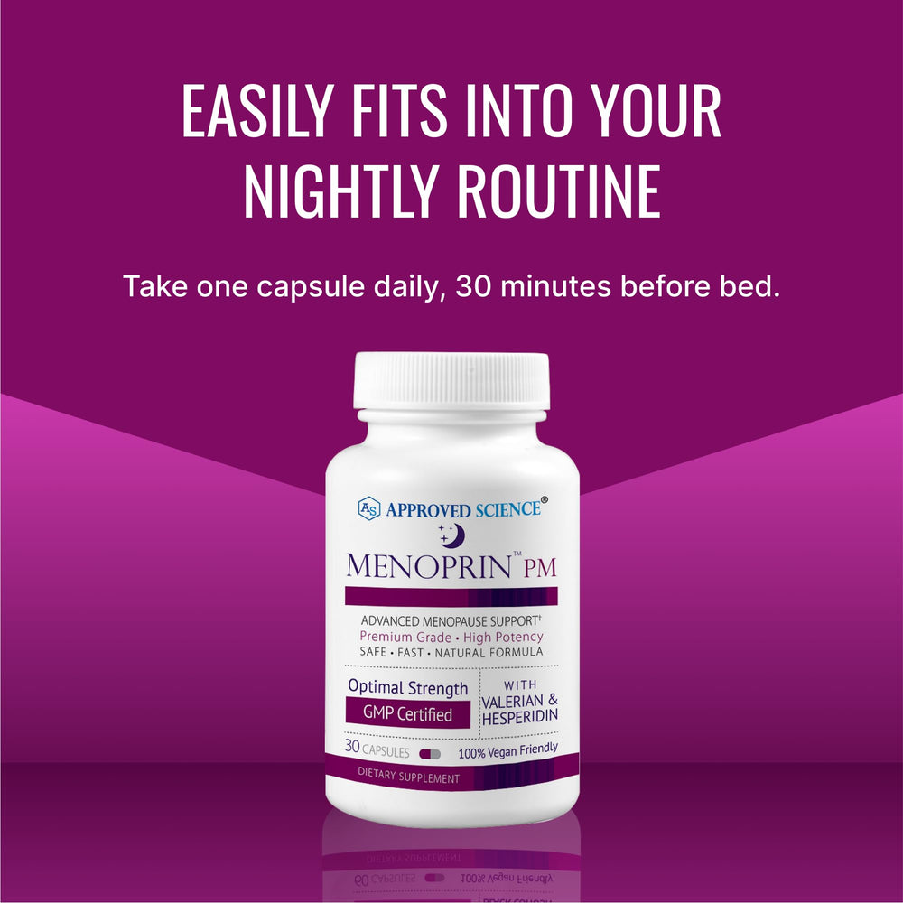 Approved Science Menoprin PM packaging displays day and night formulas for balanced routine.