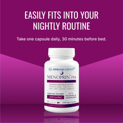 Approved Science Menoprin PM packaging displays day and night formulas for balanced routine.