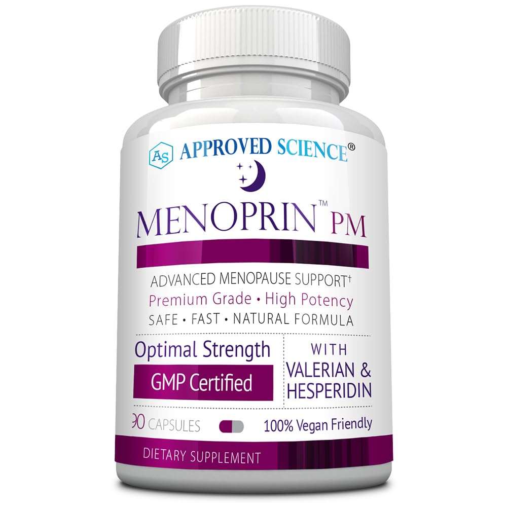 Approved Science Menoprin PM valerian root bottle promotes restful evenings.