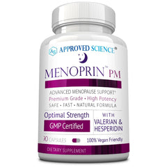 Approved Science Menoprin PM valerian root bottle promotes restful evenings.
