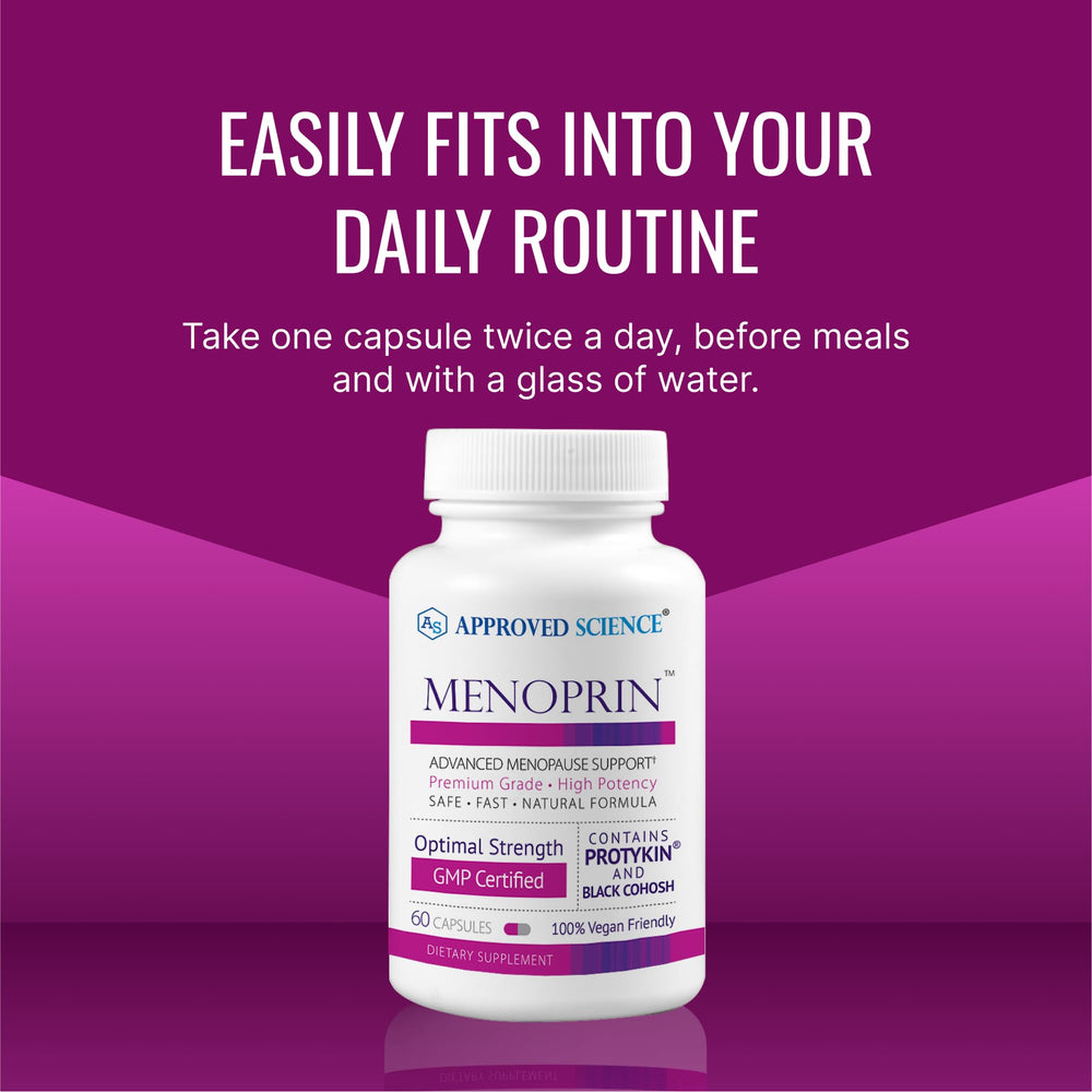 Approved Science Menoprin vegan label highlighting GMO-free formula