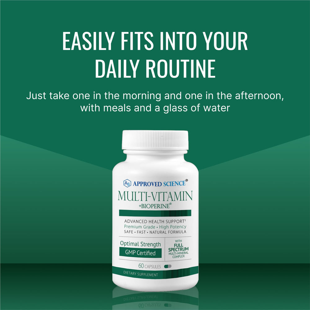 Approved Science Multi-Vitamin ingredients panel emphasizing antioxidants and BioPerine.