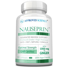Approved Science Nauseprin bottle-front-view showing ginger capsules for digestive comfort.