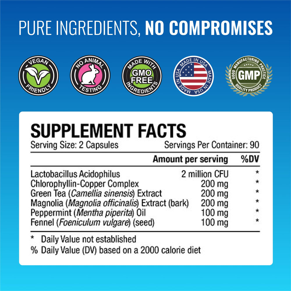 Approved Science Odorol ingredients graphic featuring L. acidophilus and peppermint oil for ongoing freshness
