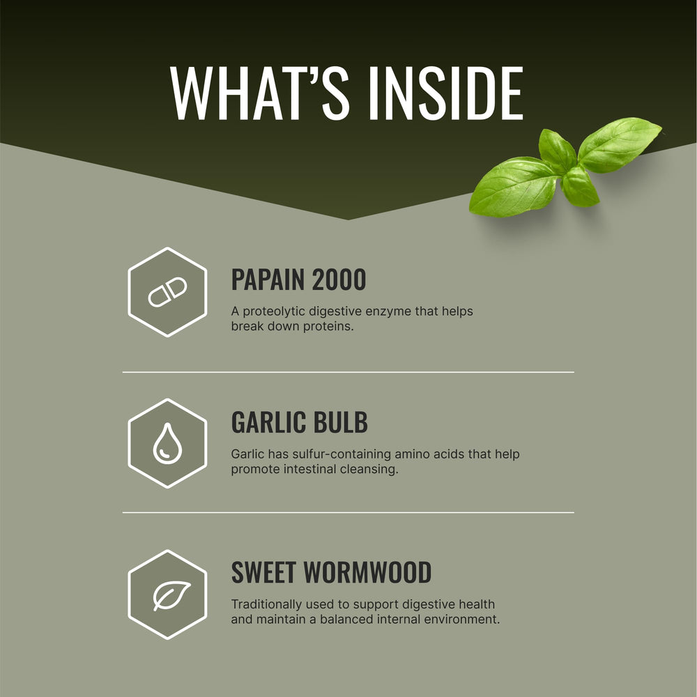 Parastrin capsules close-up highlights vegan formula with herbal ingredients.