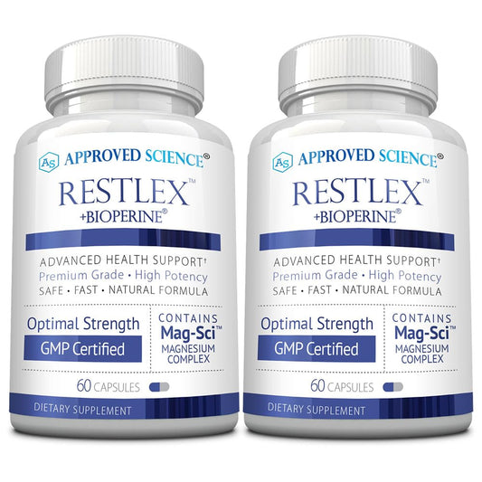 Approved Science Restlex bottle close-up showing calm wellness features.