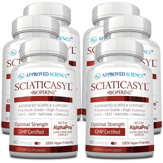 Approved Science Sciaticasyl bottle front for daily vegan nerve support.