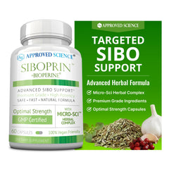 Approved Science Siboprin bottle front for daily gut balance support.