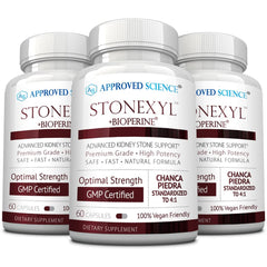 Approved Science Stonexyl bottle front highlighting vegan formula for herbal stone support