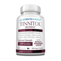 Approved Science Tinnitol bottle front view for tinnitus support on a desk.